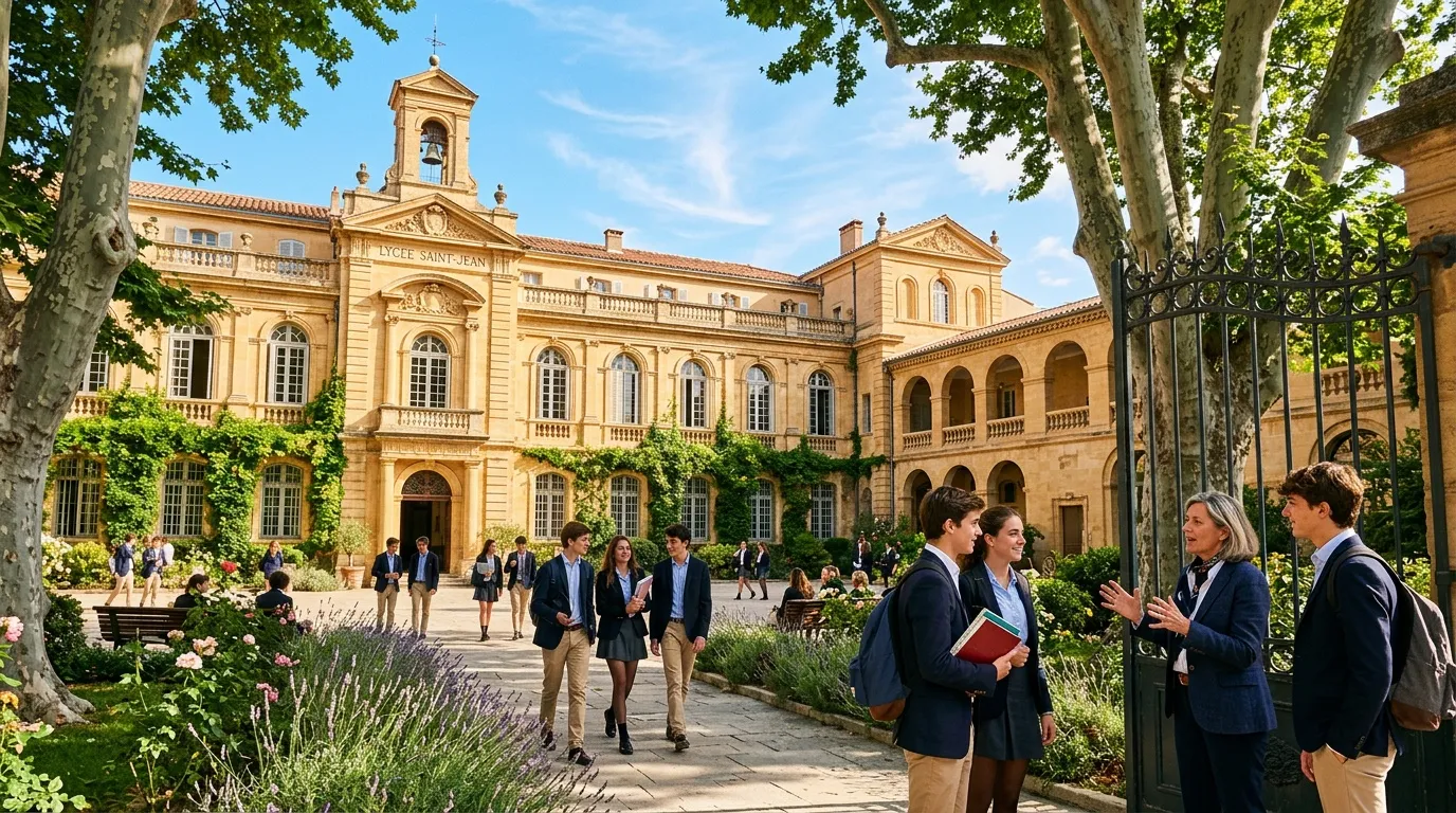 Cour d'honneur d'un lycée avec architecture provençale classique et élèves