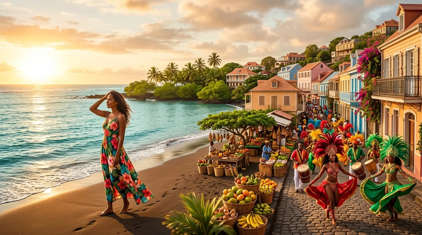 Femme regardant la mer près d'un marché coloré tropical