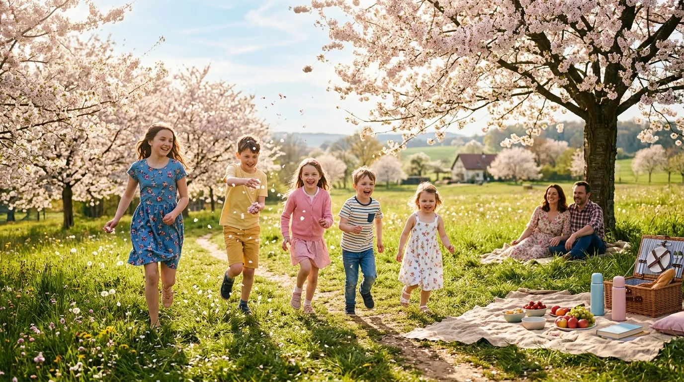 Enfants jouant dans un verger en fleurs au printemps