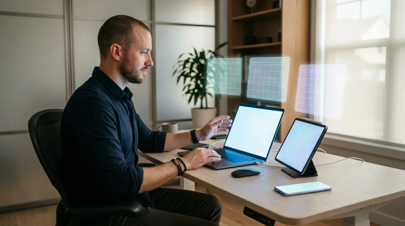 Homme travaillant sur ordinateur avec affichages holographiques