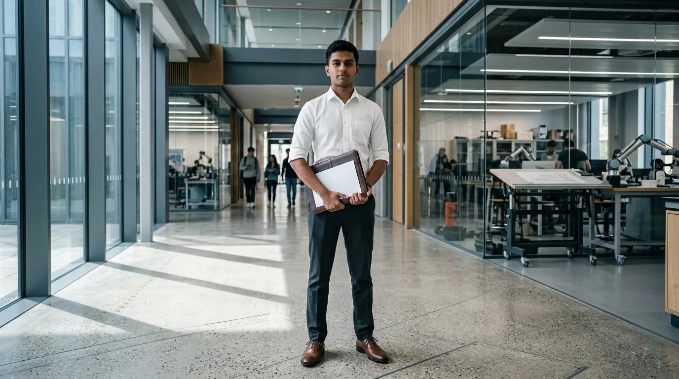 Jeune homme en costume blanc tenant un dossier dans un bureau contemporain