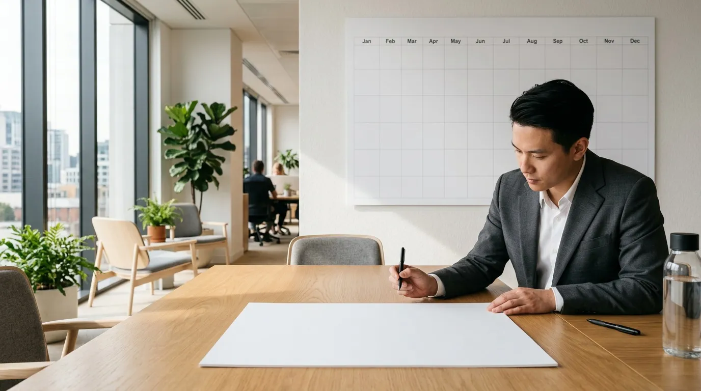 Homme en costume écrivant sur document, calendrier mural derrière lui