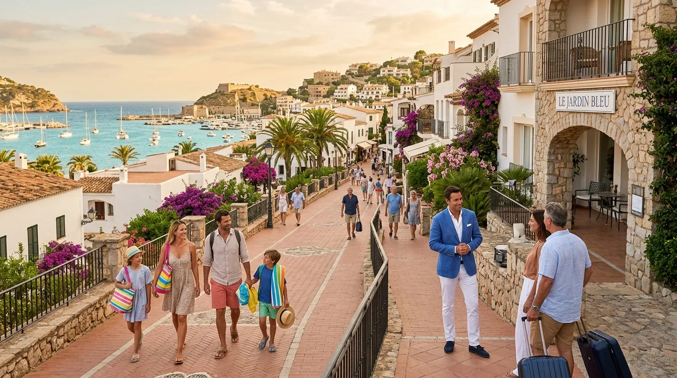Village c&ocirc;tier m&eacute;diterran&eacute;en avec touristes et vue sur baie turquoise