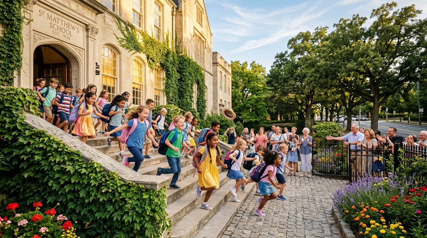 Enfants jouant devant école historique ivy-covered par beau jour