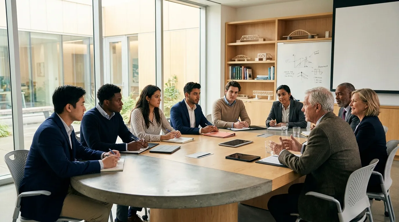 Groupe de professionnels discutant autour d'une table ovale