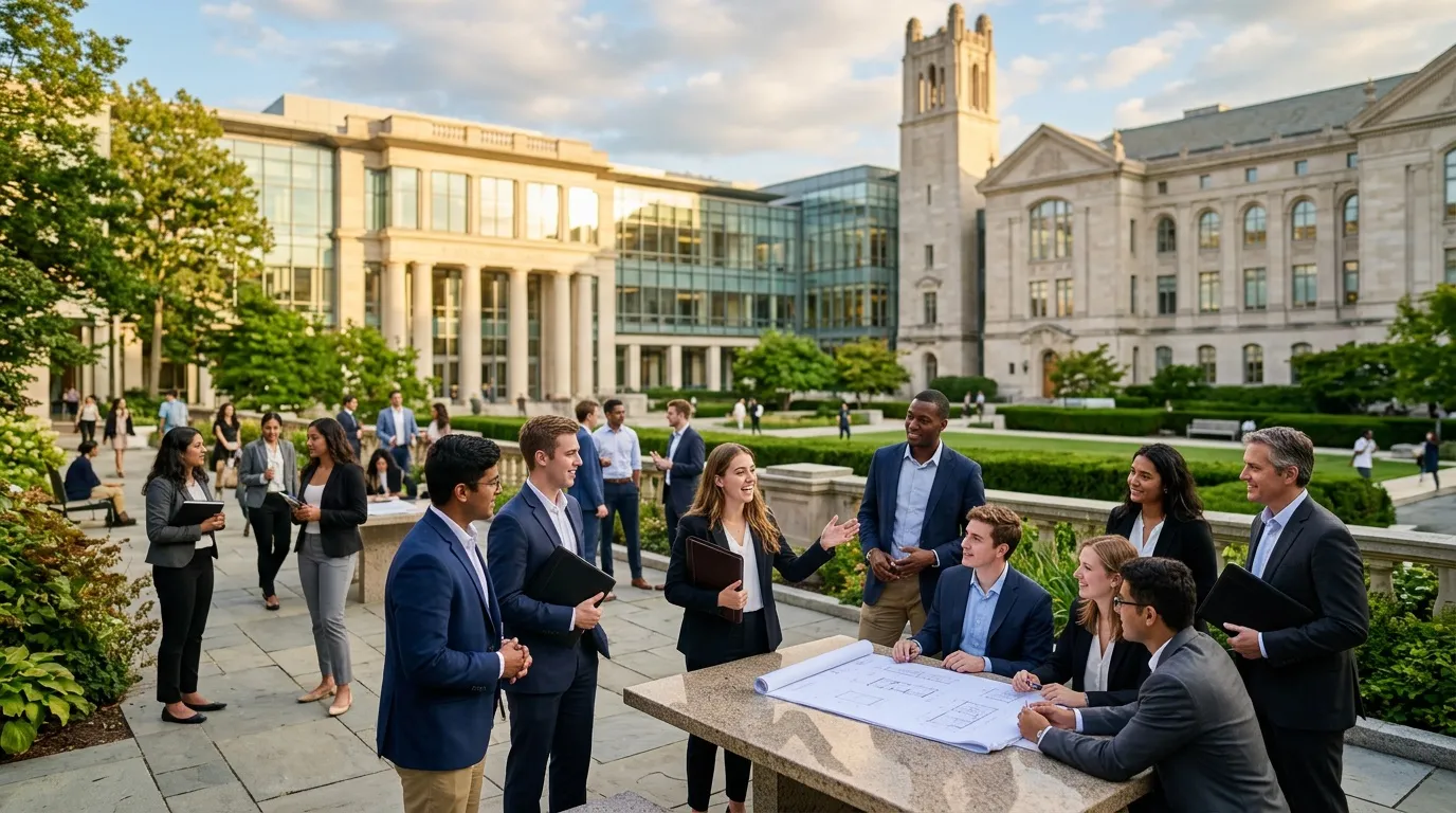 Professionnels discutent plans devant b&acirc;timents universitaires modernes