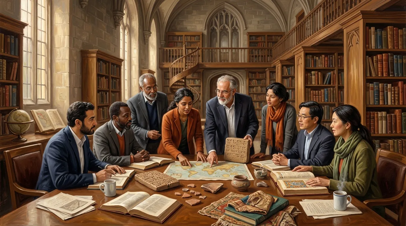 Huit chercheurs examinent cartes et manuscrits autour table.