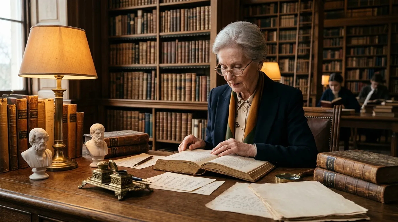 Femme &acirc;g&eacute;e lisant un ancien livre dans une biblioth&egrave;que classique.
