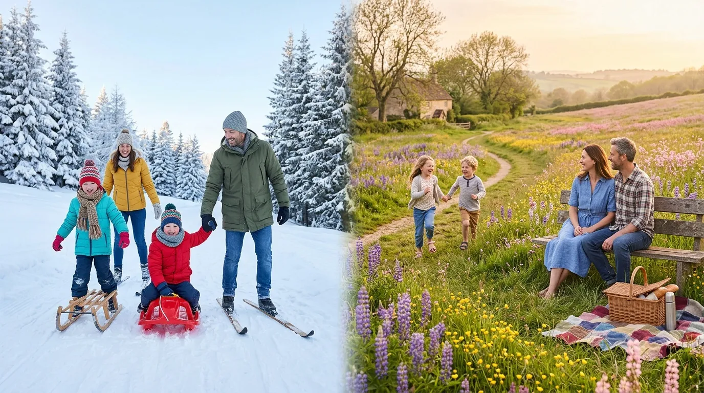Famille en hiver et été dans deux paysages différents