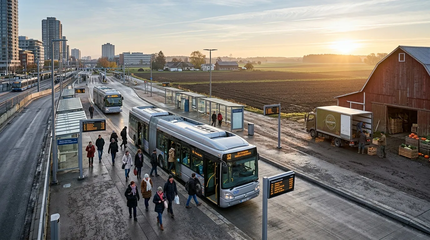 Bus et trains à station, champs et ferme au coucher soleil