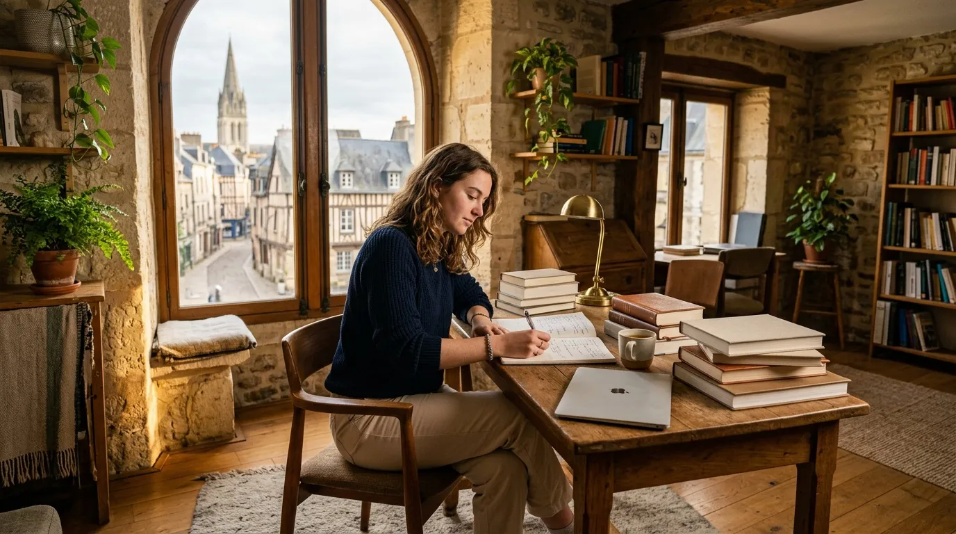 Femme écrivant à son bureau dans une bibliothèque ancienne avec vue.