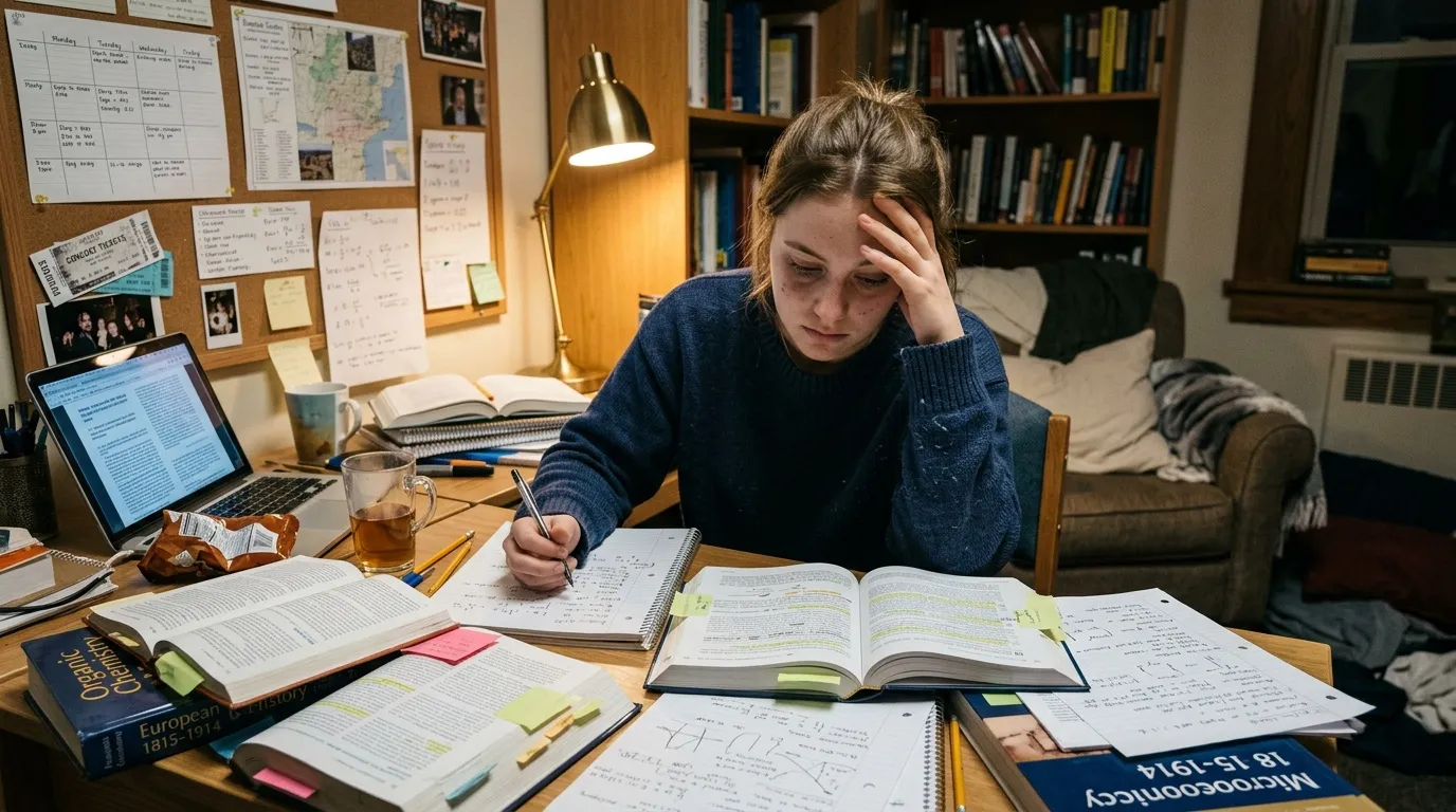 Jeune fille &eacute;tudiant &agrave; son bureau avec livres et notes