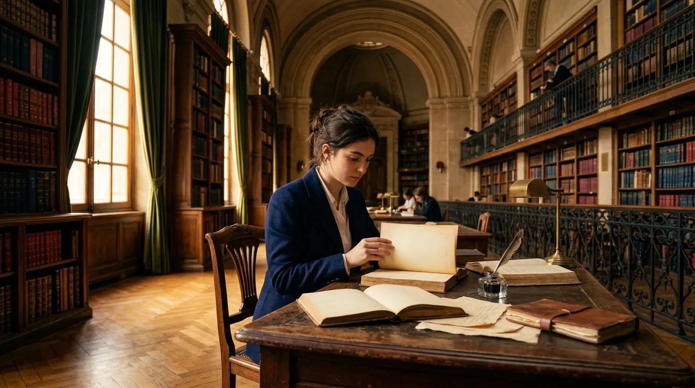 Femme en blazer bleu lisant des livres anciens dans une bibliothèque