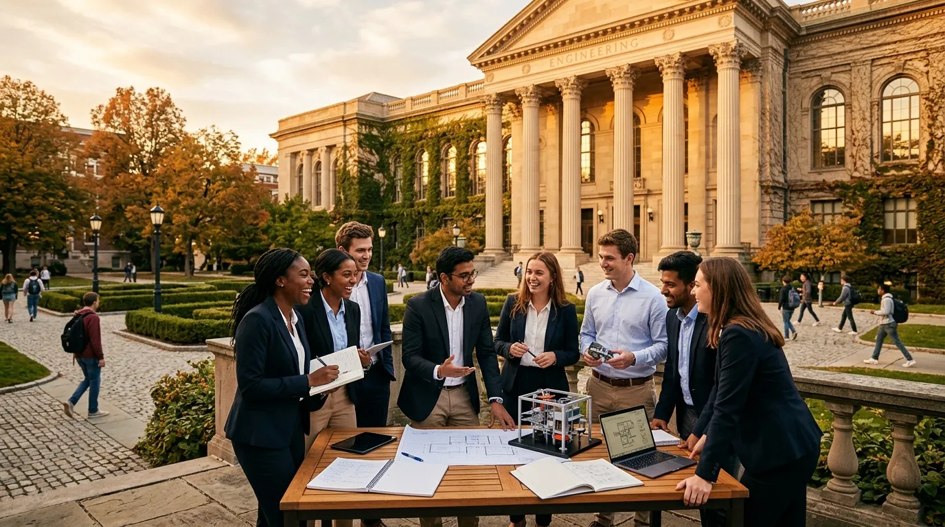 Groupe d'étudiants en tenue professionnelle discutant autour d'une table
