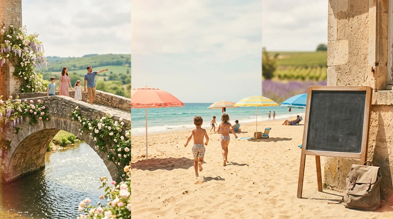 Collage montrant famille &agrave; la campagne et enfants &agrave; la plage.