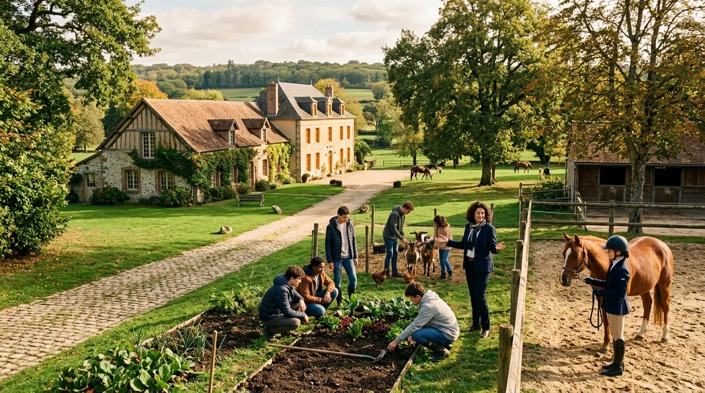 Enfants et adultes travaillent dans jardin fermier historique