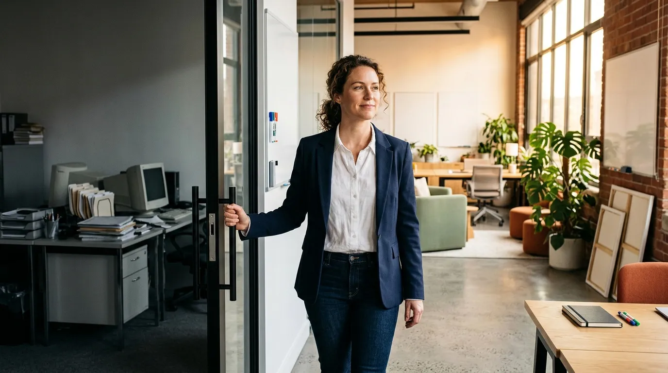 Femme en blazer bleu ouvre porte de bureau lumineux